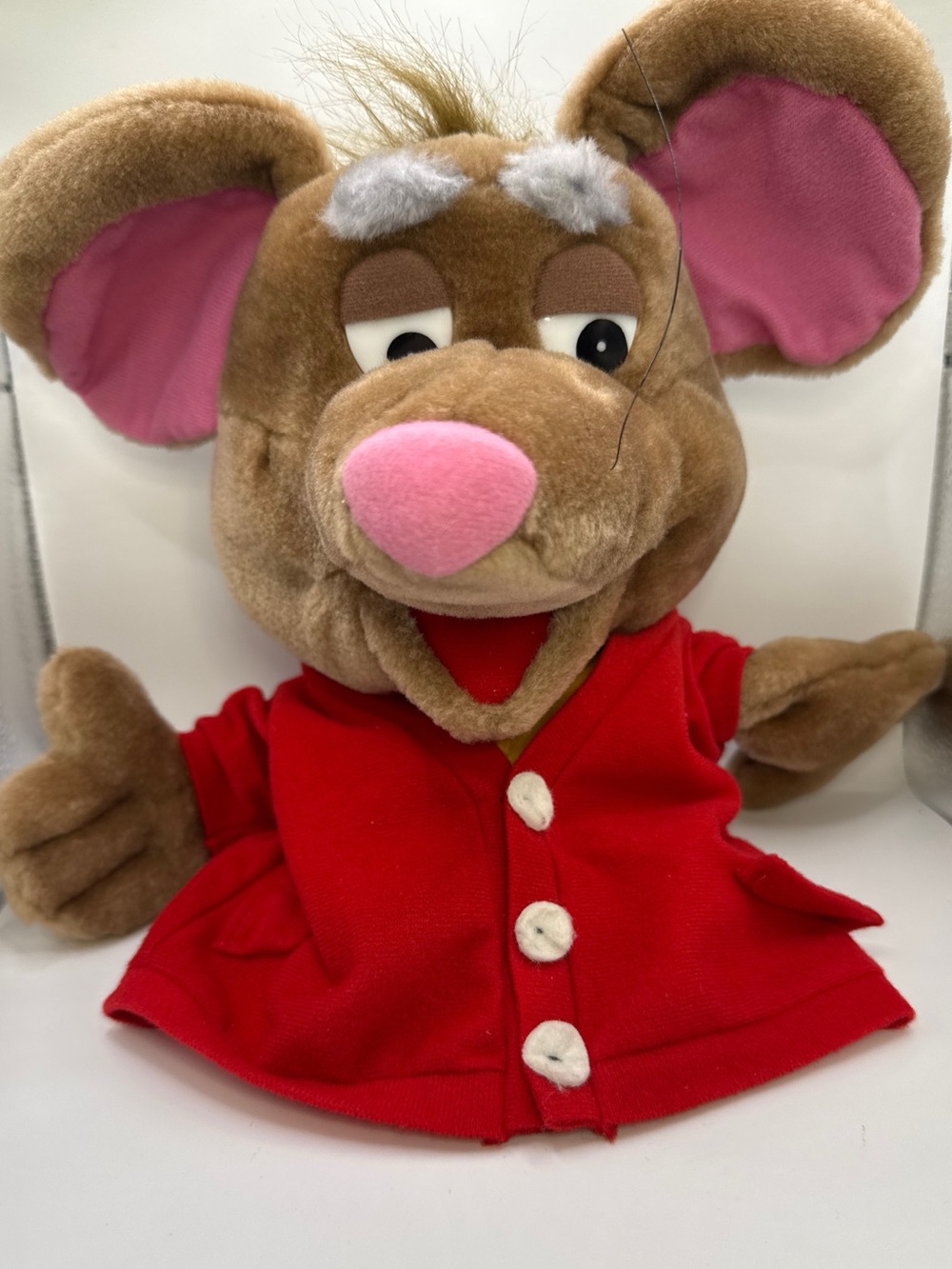 Vintage 2001 Godprints Uncle Cheezer Mouse Hand Puppet Plush Red Cardigan 11”